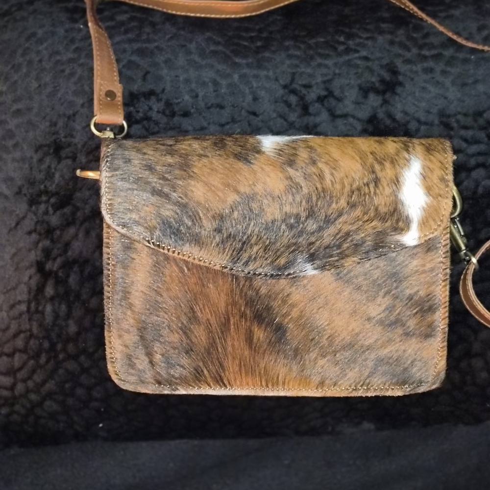Brown and Tan Cowhide And Leather Crossbody Bag